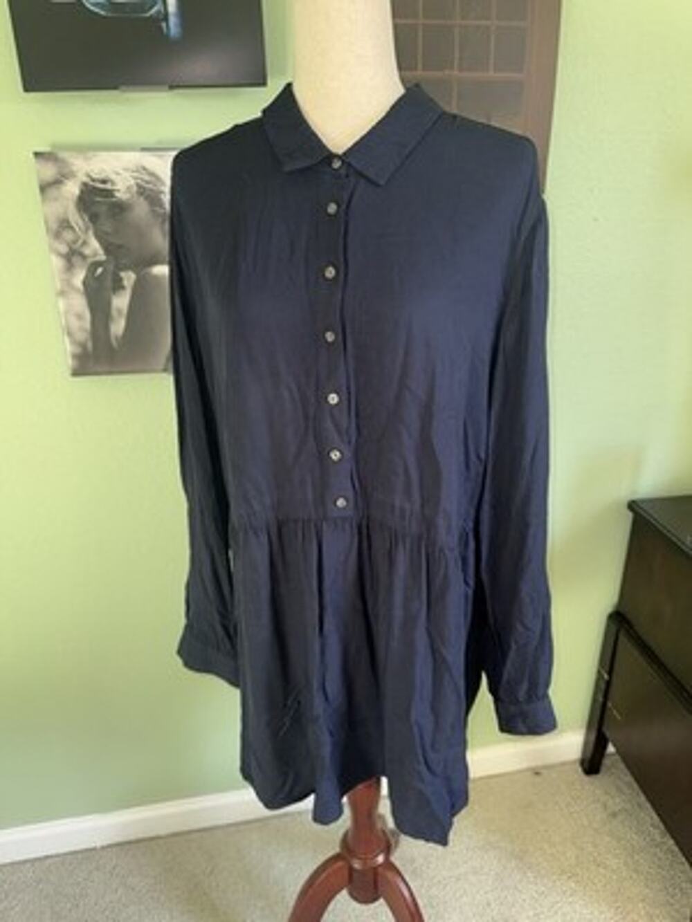 Boden Navy Blue Button Up Peplum Hem Dress US 16L Long Sleeve